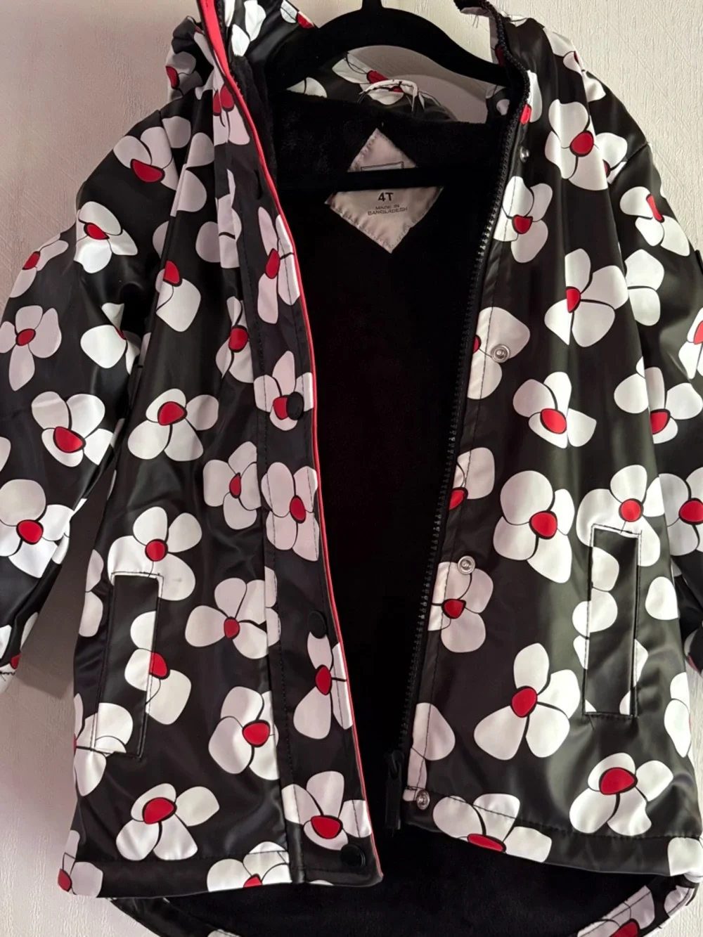 Hunter‎ Girls 4T Floral Rain Jacket Black White Red Hooded Waterproof Fleece